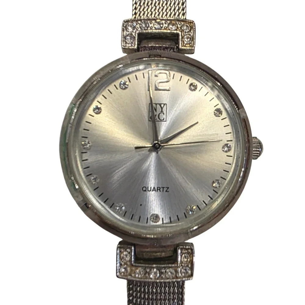 NY & Co Womens Silver Tone‎ Quartz Mesh Band Crystal Accent Watch New Battery